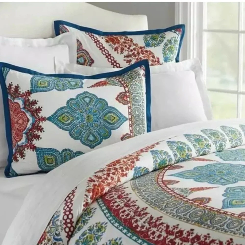 Pottery Barn Aurora Medallion Queen Duvet Cover Floral Paisley Red Blue White PB